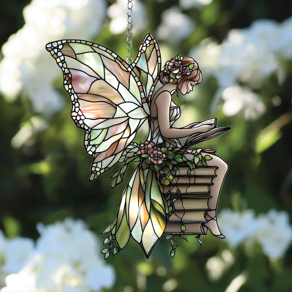 Magical Fairy Suncatcher on Books Stack, Acrylic Stained Glass Window Hanging for Cottagecore, Fantasy Book Nook or Nature Lover Gift