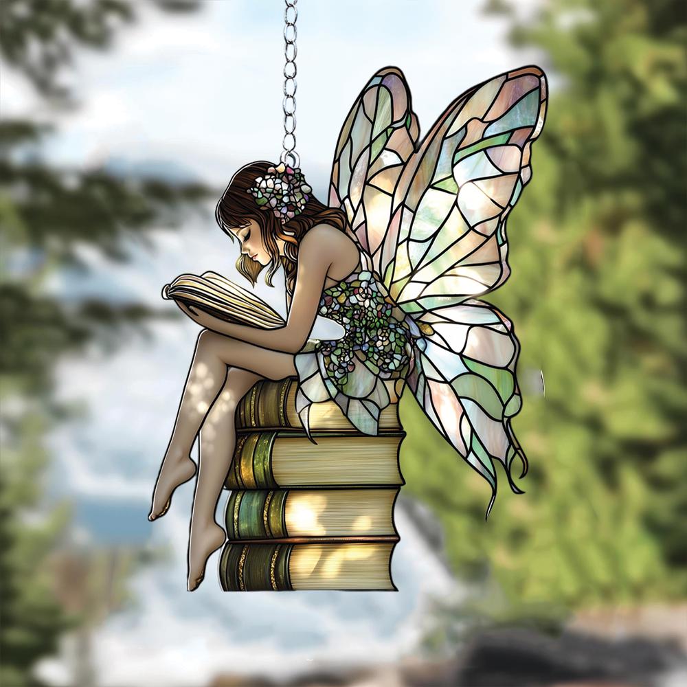 Magical Fairy Suncatcher on Books Stack, Acrylic Stained Glass Window Hanging for Cottagecore, Fantasy Book Nook or Nature Lover Gift