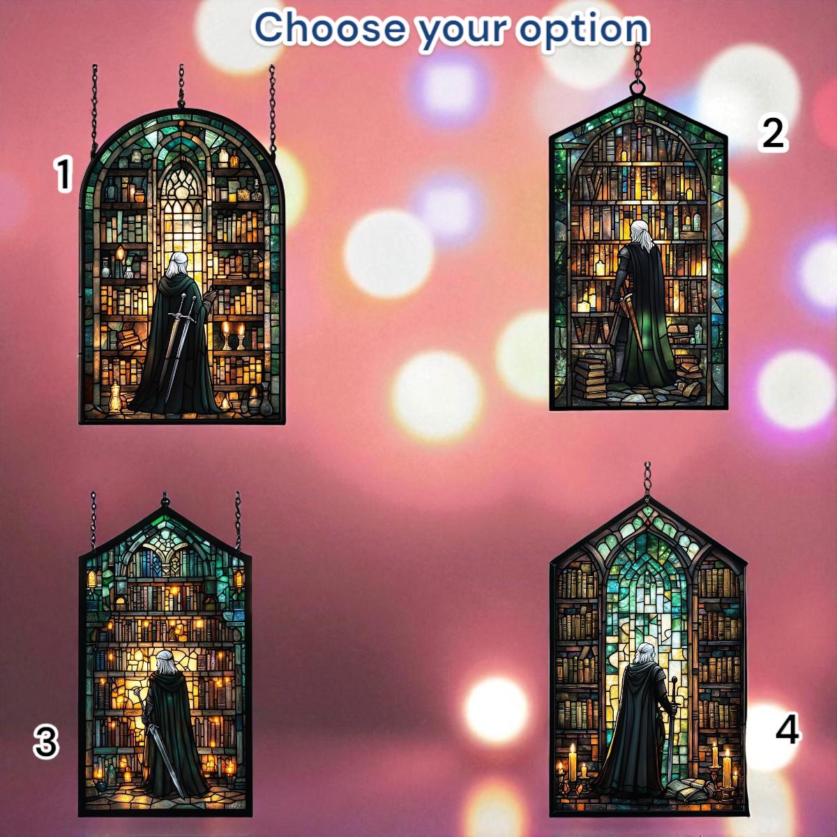 Warrior Library Faux Stained Glass Acrylic Suncatcher - Medieval Window Hanging Decor, Fantasy Book Nook Gift for Him or Her