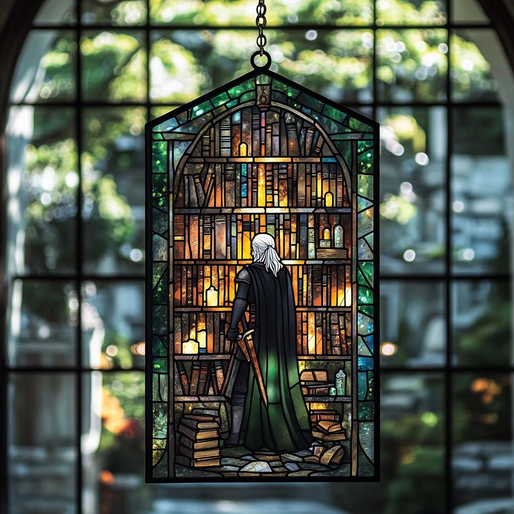 Warrior Library Faux Stained Glass Acrylic Suncatcher - Medieval Window Hanging Decor, Fantasy Book Nook Gift for Him or Her