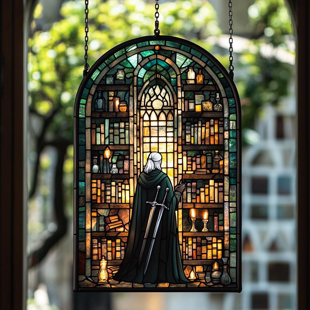 Warrior Library Faux Stained Glass Acrylic Suncatcher - Medieval Window Hanging Decor, Fantasy Book Nook Gift for Him or Her