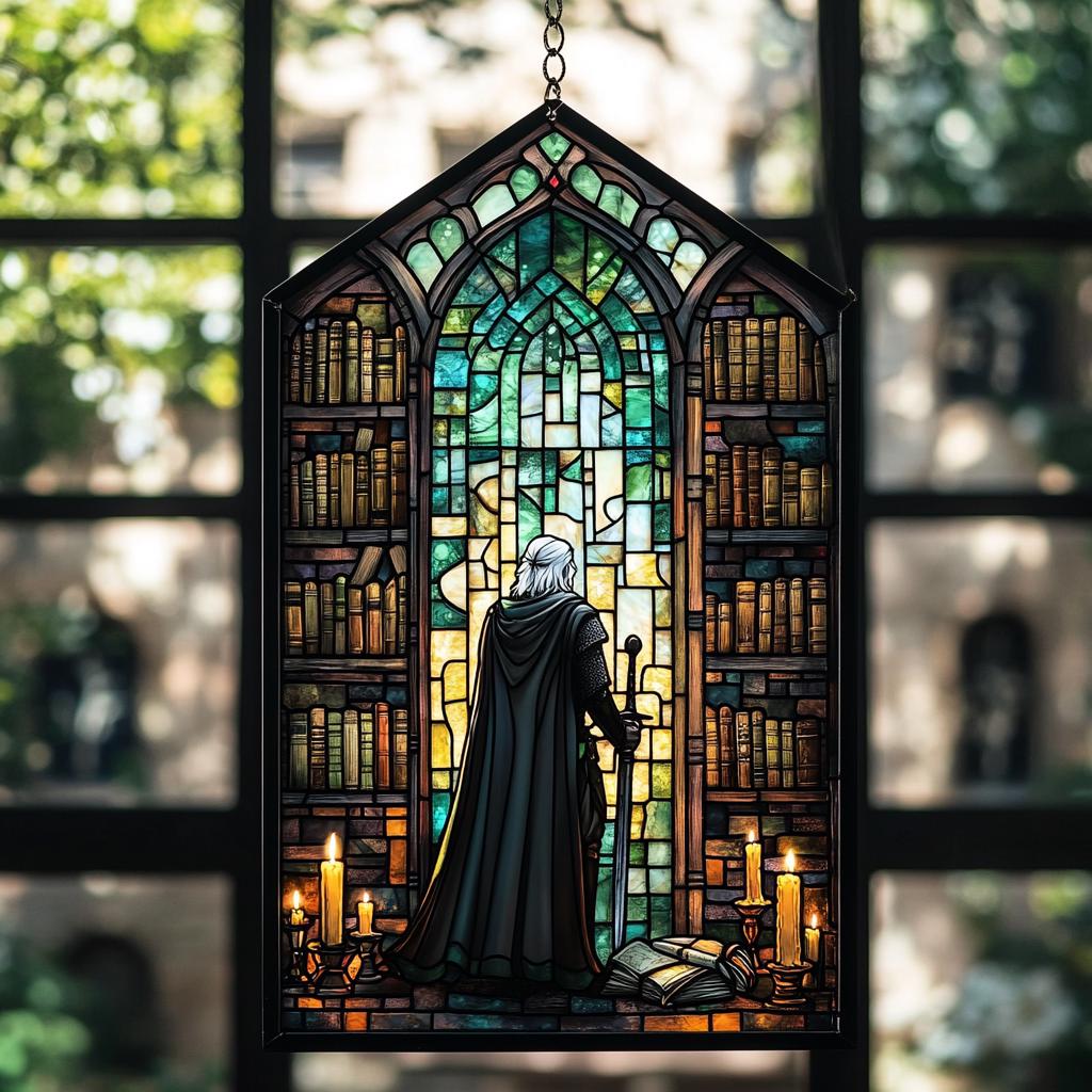 Warrior Library Faux Stained Glass Acrylic Suncatcher - Medieval Window Hanging Decor, Fantasy Book Nook Gift for Him or Her
