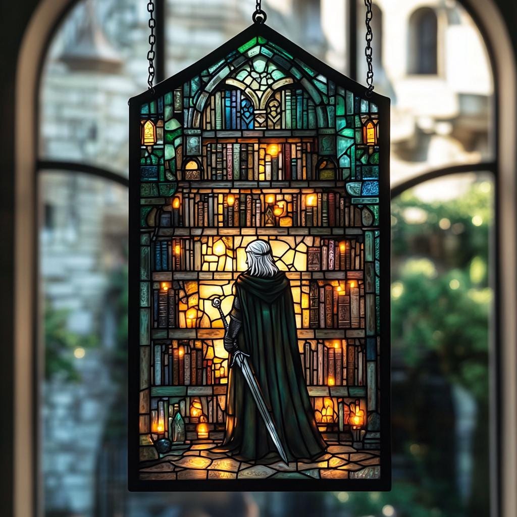 Warrior Library Faux Stained Glass Acrylic Suncatcher - Medieval Window Hanging Decor, Fantasy Book Nook Gift for Him or Her