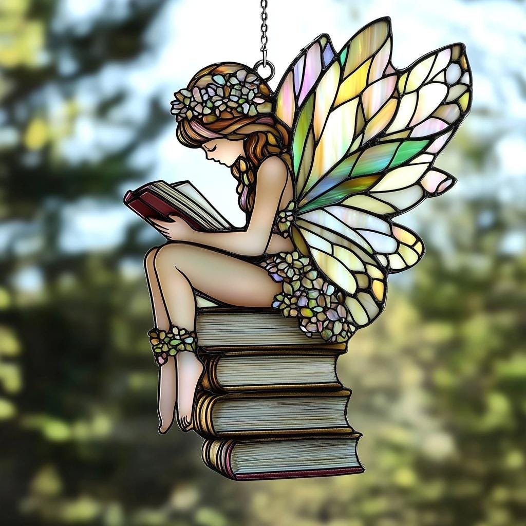 Magical Fairy Suncatcher on Books Stack, Acrylic Stained Glass Window Hanging for Cottagecore, Fantasy Book Nook or Nature Lover Gift