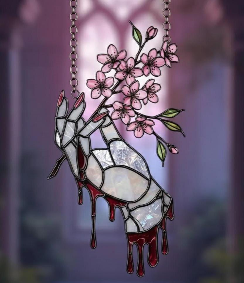 Gothic Bloody Rose Hand Acrylic Suncatcher - Faux Stained Glass Window Hanging, Gothic Vampire Decor, Unique Gift For Dark Romance Lovers