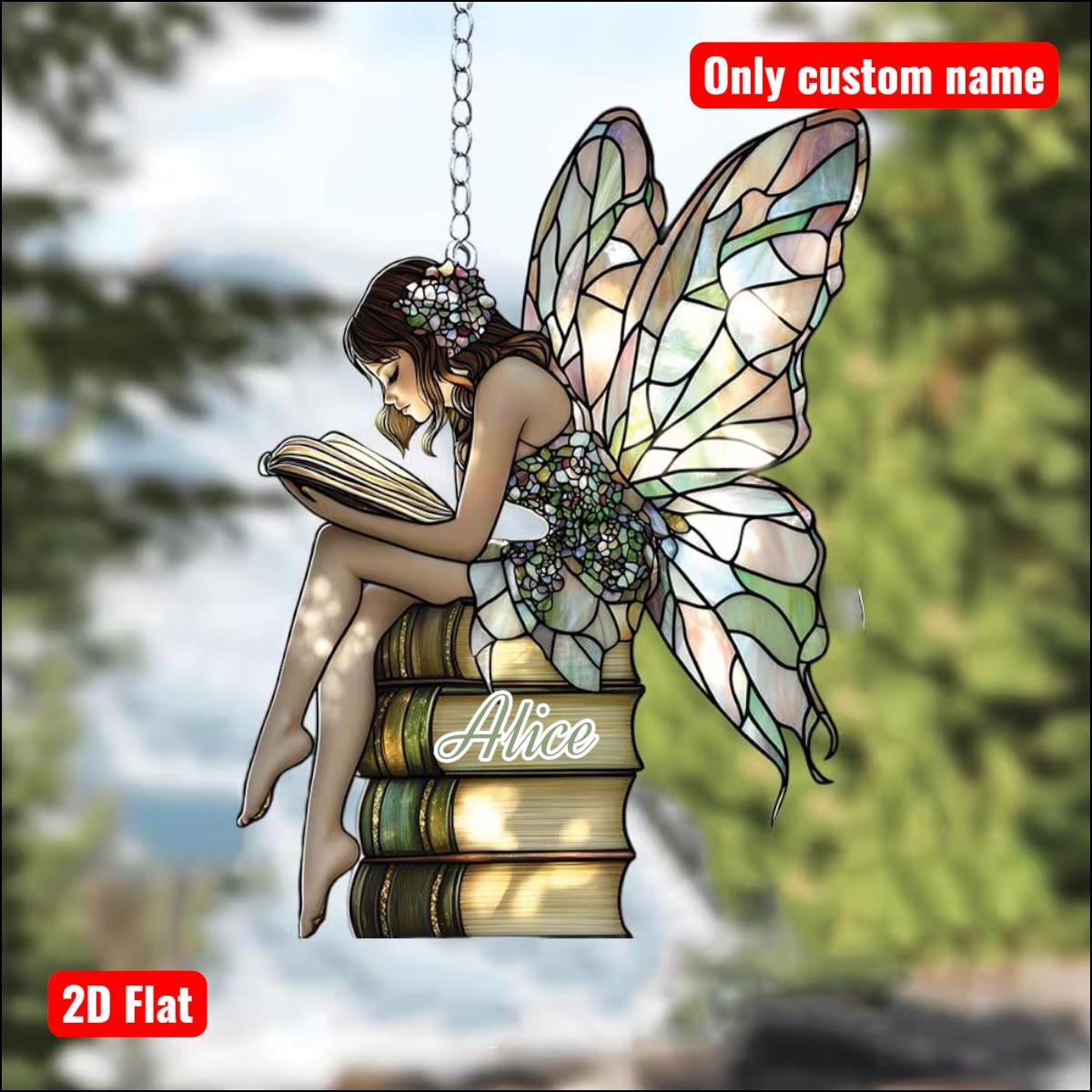 Magical Fairy Suncatcher on Books Stack, Acrylic Stained Glass Window Hanging for Cottagecore, Fantasy Book Nook or Nature Lover Gift