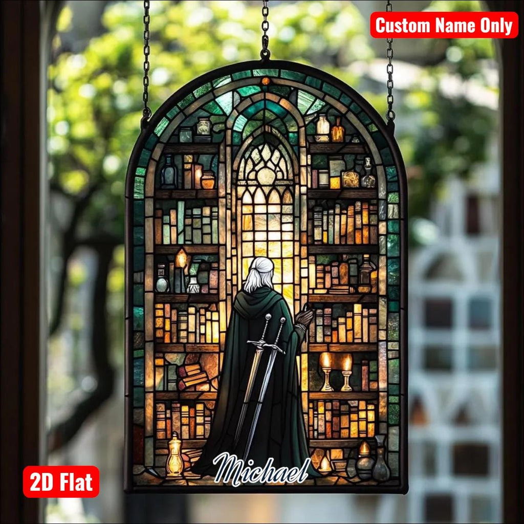 Warrior Library Faux Stained Glass Acrylic Suncatcher - Medieval Window Hanging Decor, Fantasy Book Nook Gift for Him or Her