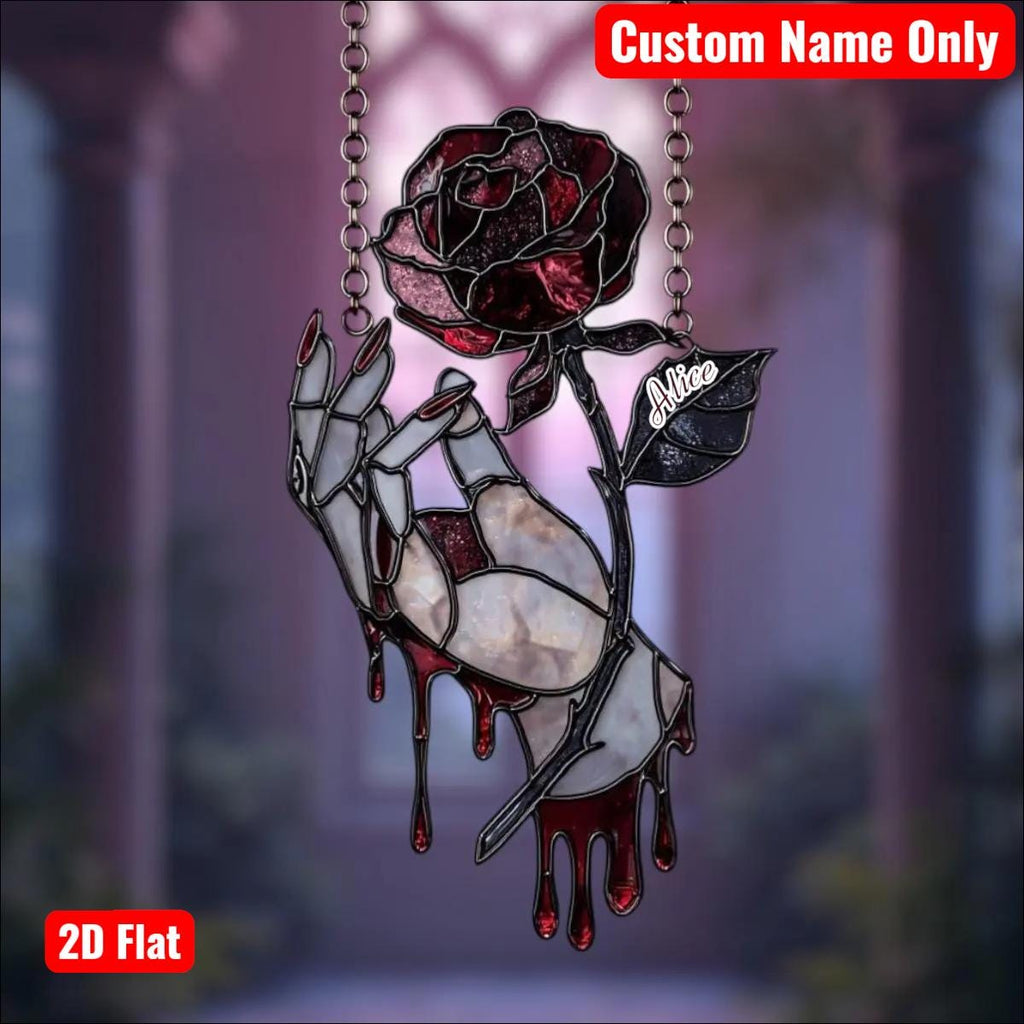 Gothic Bloody Rose Hand Acrylic Suncatcher - Faux Stained Glass Window Hanging, Gothic Vampire Decor, Unique Gift For Dark Romance Lovers