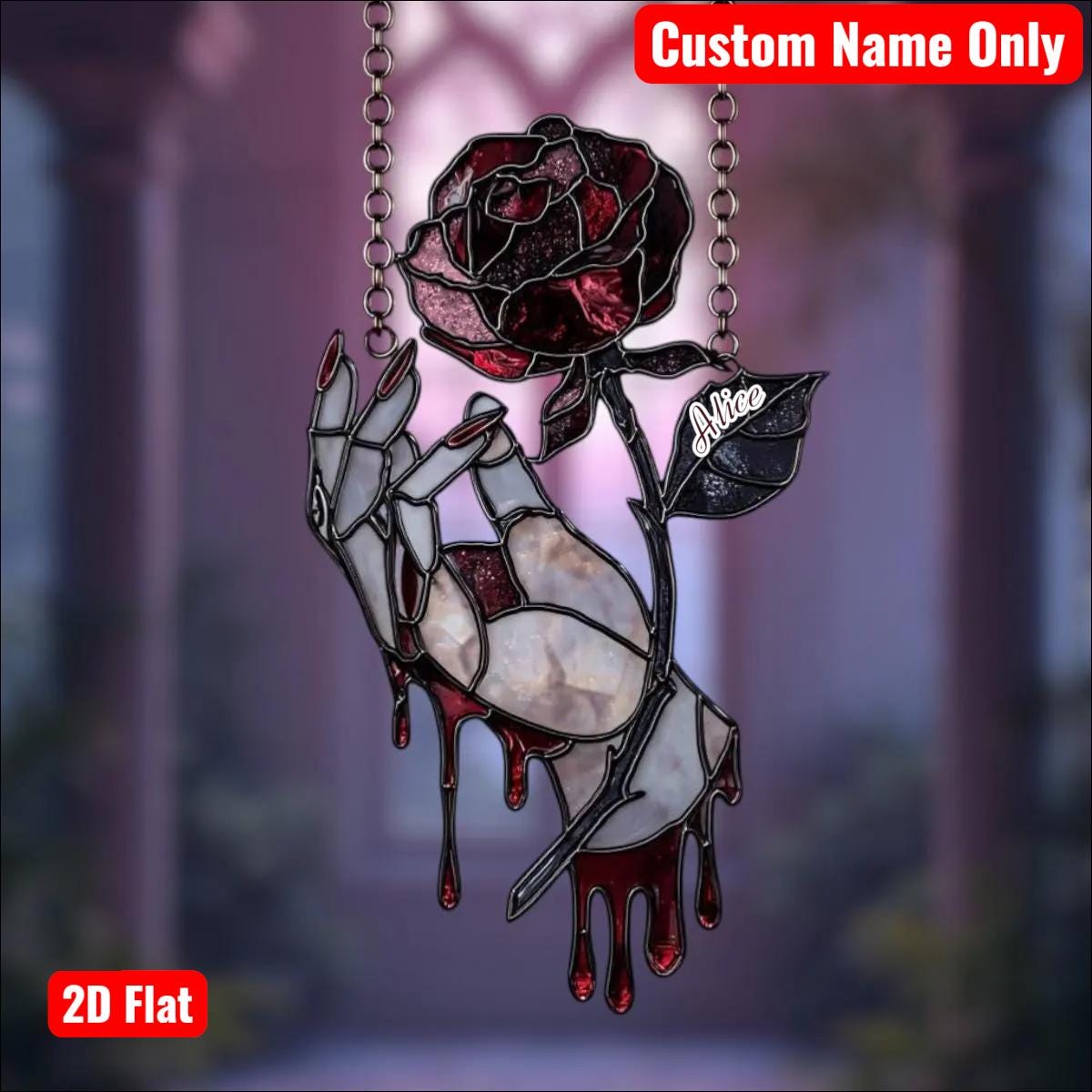Gothic Bloody Rose Hand Acrylic Suncatcher - Faux Stained Glass Window Hanging, Gothic Vampire Decor, Unique Gift For Dark Romance Lovers