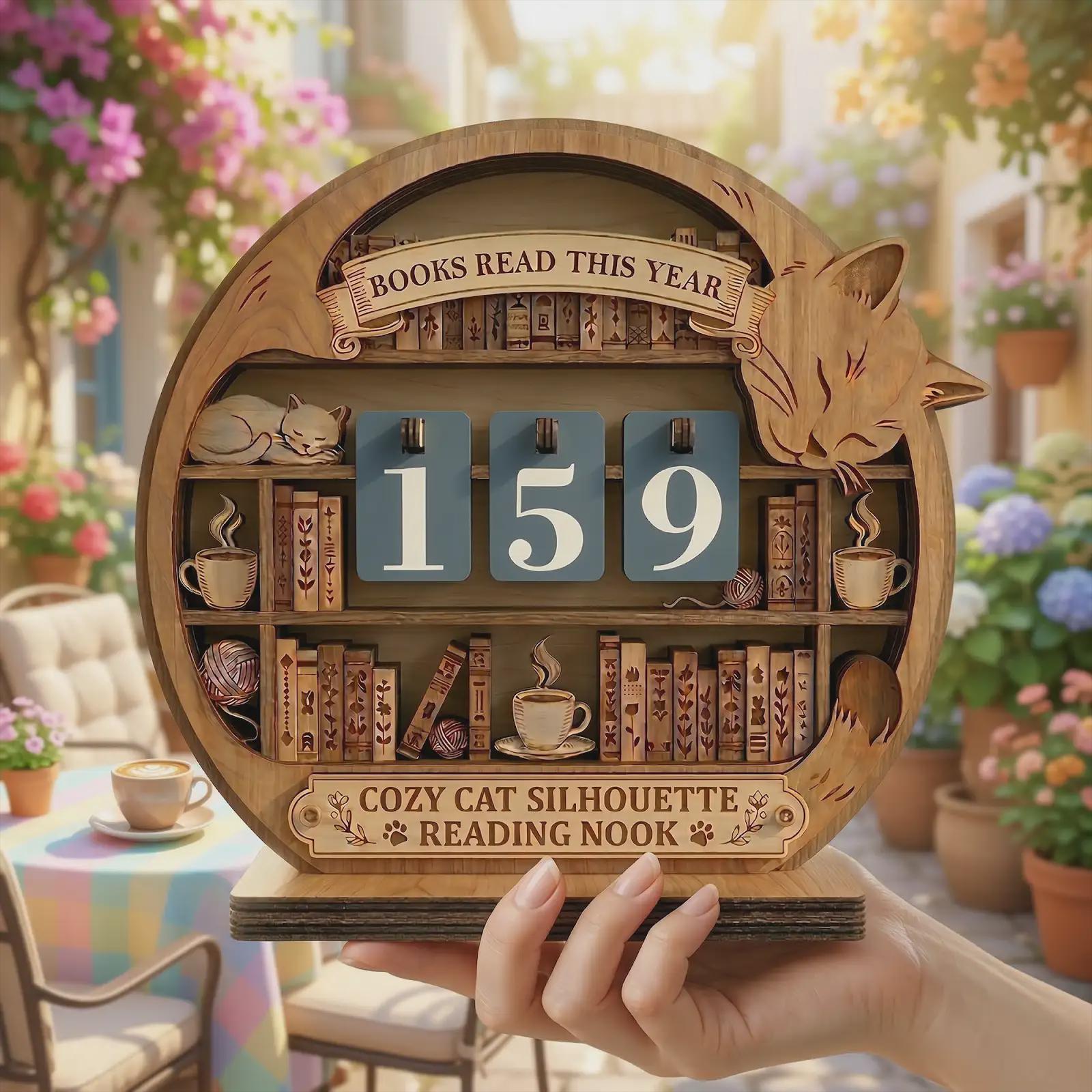 Cat Bookshelf Reading Tracker, Wooden Books Read Counter, Cozy Nook Decor, Book Lover Gift, Reading Challenge Display