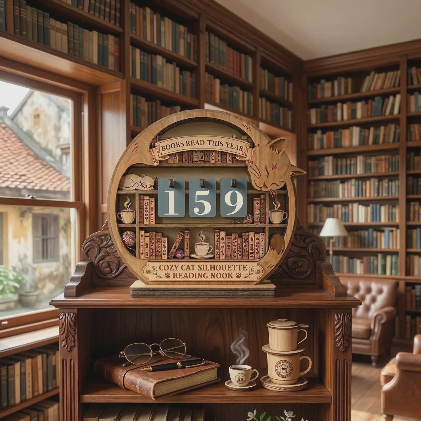 Cat Bookshelf Reading Tracker, Wooden Books Read Counter, Cozy Nook Decor, Book Lover Gift, Reading Challenge Display
