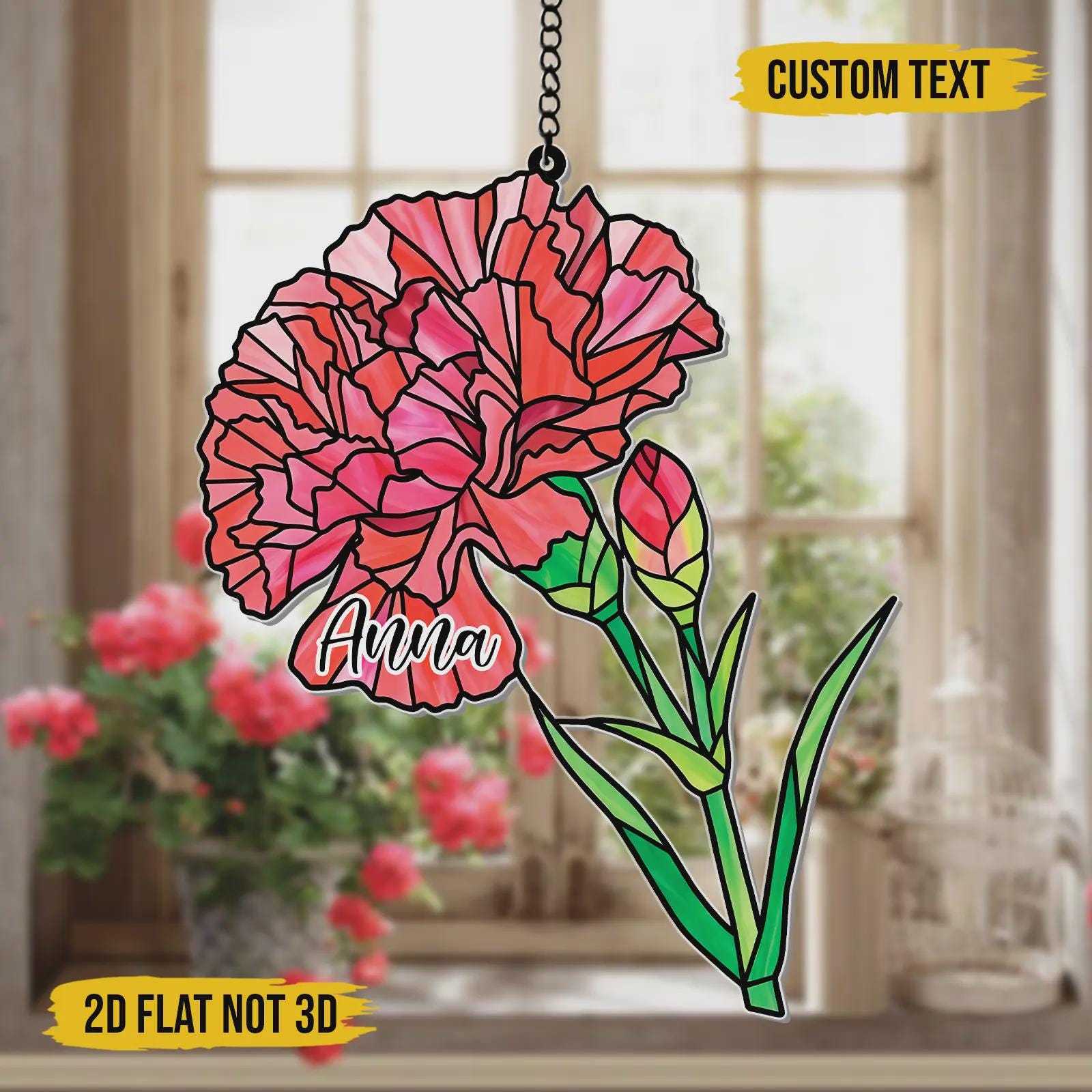 Pink Carnation Acrylic Suncatcher Faux Stained Glass Window Hanging Floral Garden Decor Mother's Day Gift Flower Sun Catcher For Window