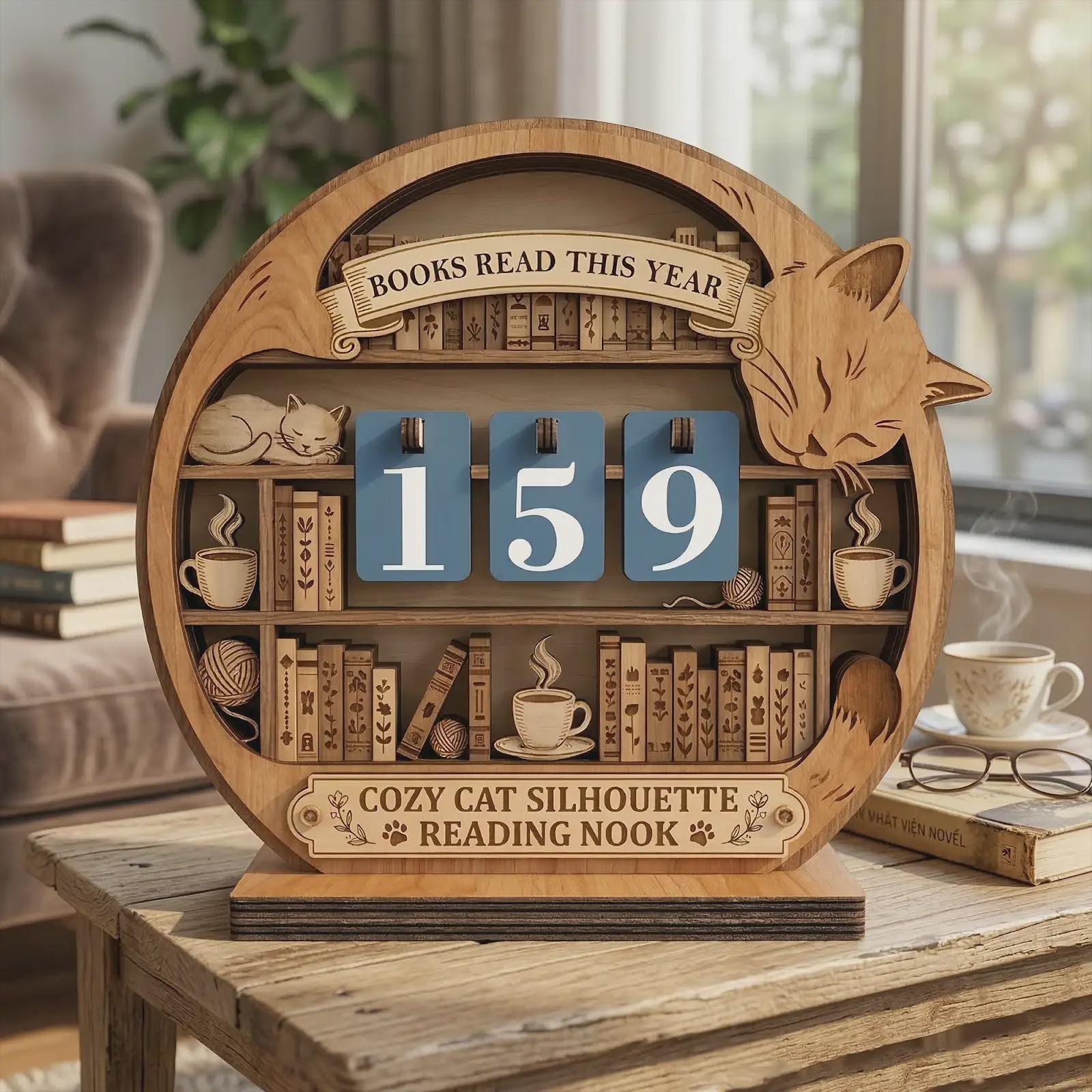 Cat Bookshelf Reading Tracker, Wooden Books Read Counter, Cozy Nook Decor, Book Lover Gift, Reading Challenge Display