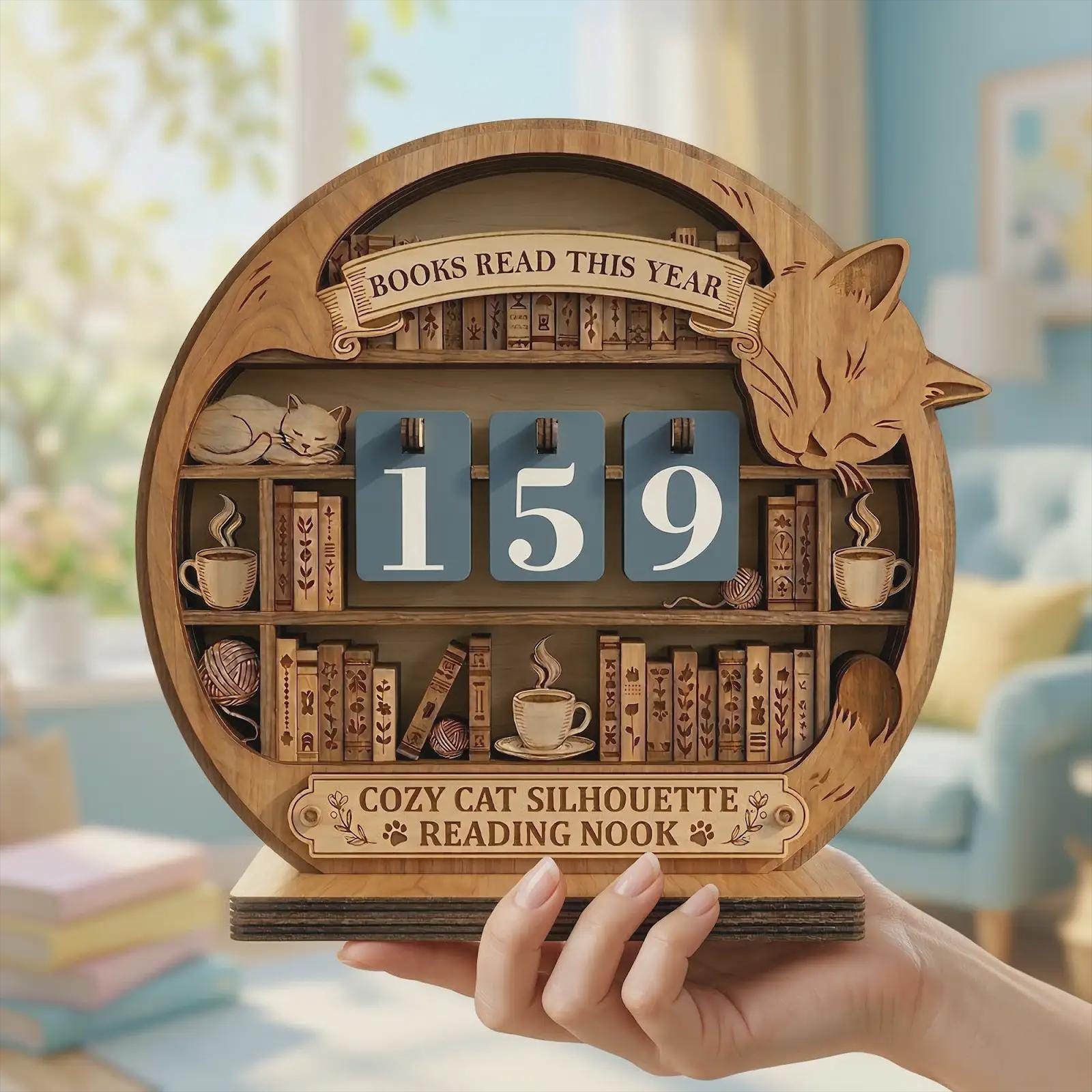 Cat Bookshelf Reading Tracker, Wooden Books Read Counter, Cozy Nook Decor, Book Lover Gift, Reading Challenge Display