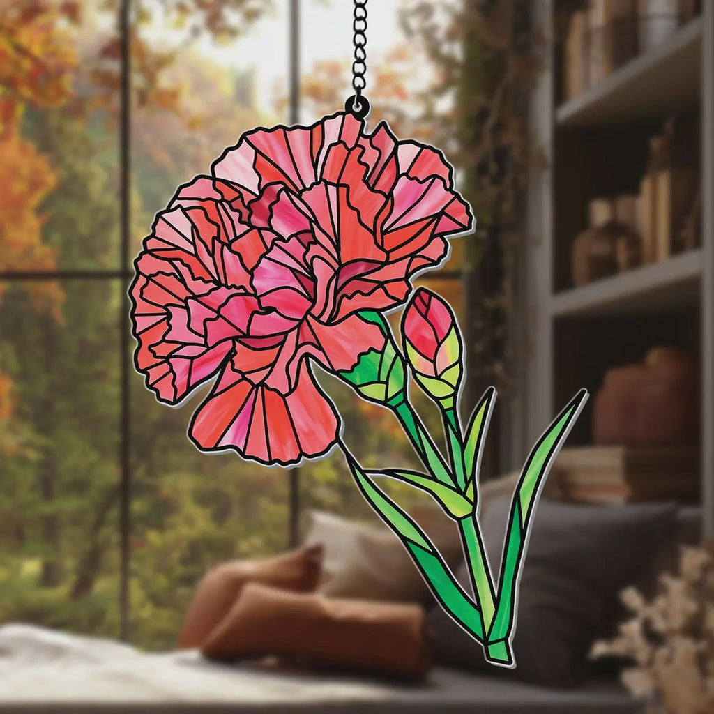 Pink Carnation Acrylic Suncatcher Faux Stained Glass Window Hanging Floral Garden Decor Mother's Day Gift Flower Sun Catcher For Window
