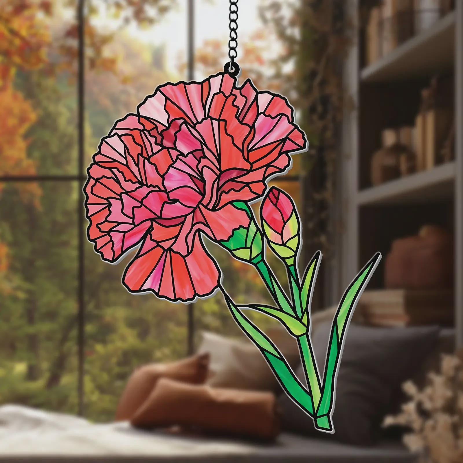 Pink Carnation Acrylic Suncatcher Faux Stained Glass Window Hanging Floral Garden Decor Mother's Day Gift Flower Sun Catcher For Window