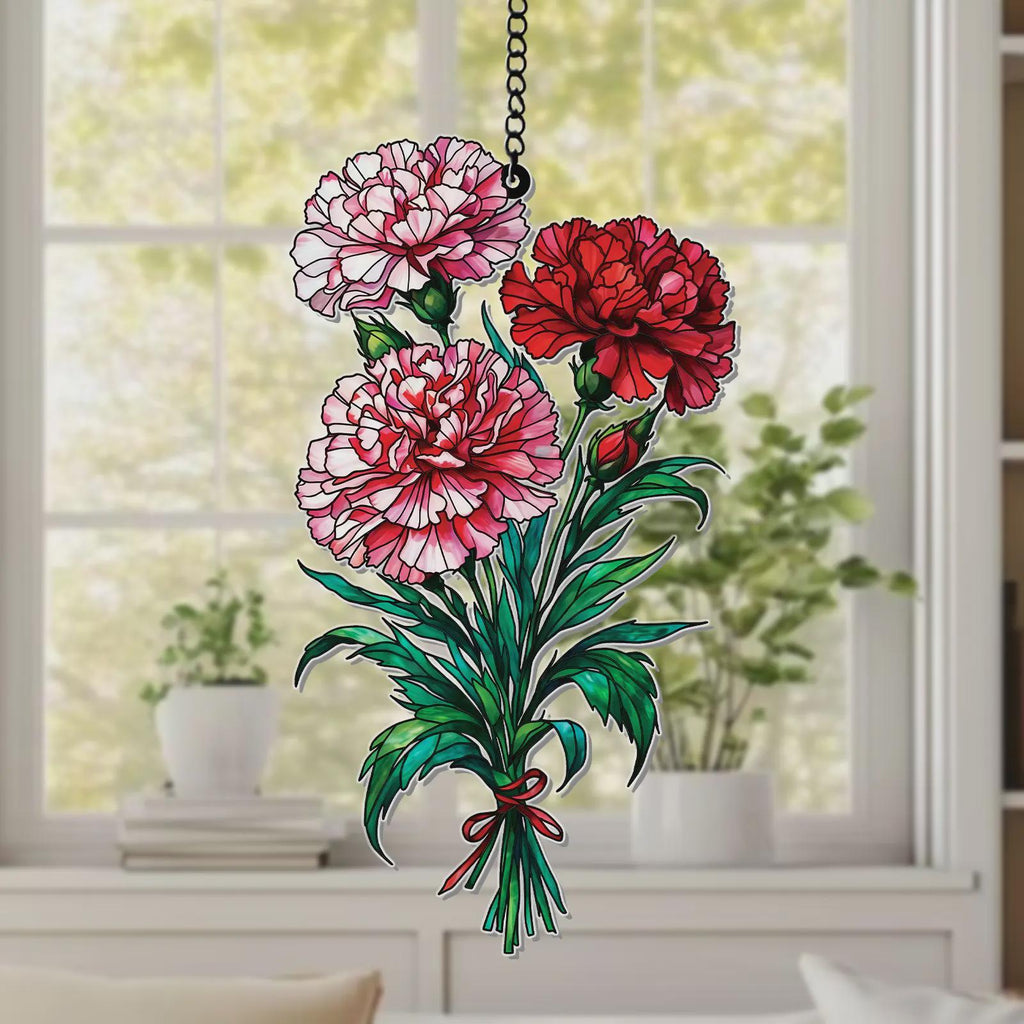 Pink Carnation Acrylic Suncatcher Faux Stained Glass Window Hanging Floral Garden Decor Mother's Day Gift Flower Sun Catcher For Window
