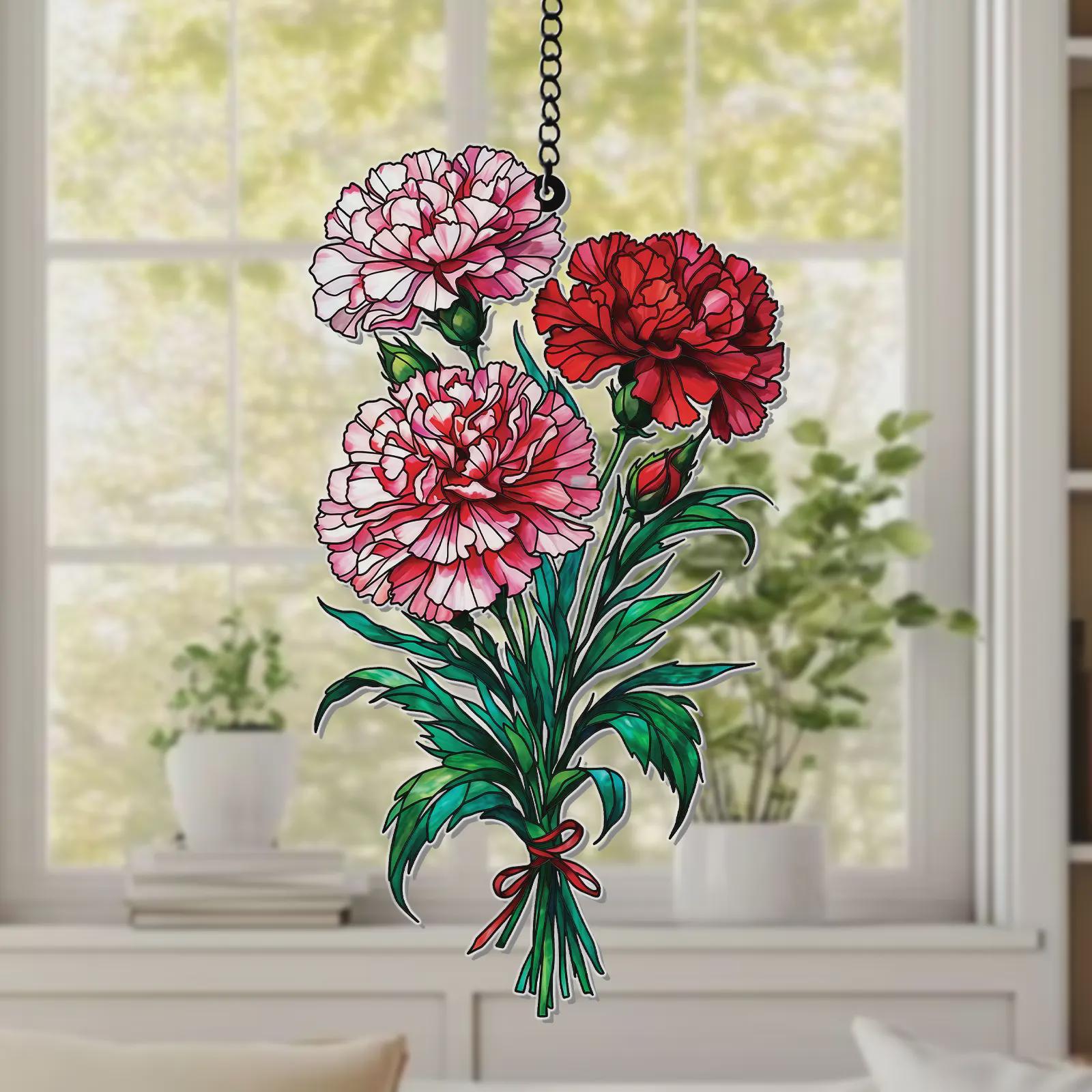 Pink Carnation Acrylic Suncatcher Faux Stained Glass Window Hanging Floral Garden Decor Mother's Day Gift Flower Sun Catcher For Window