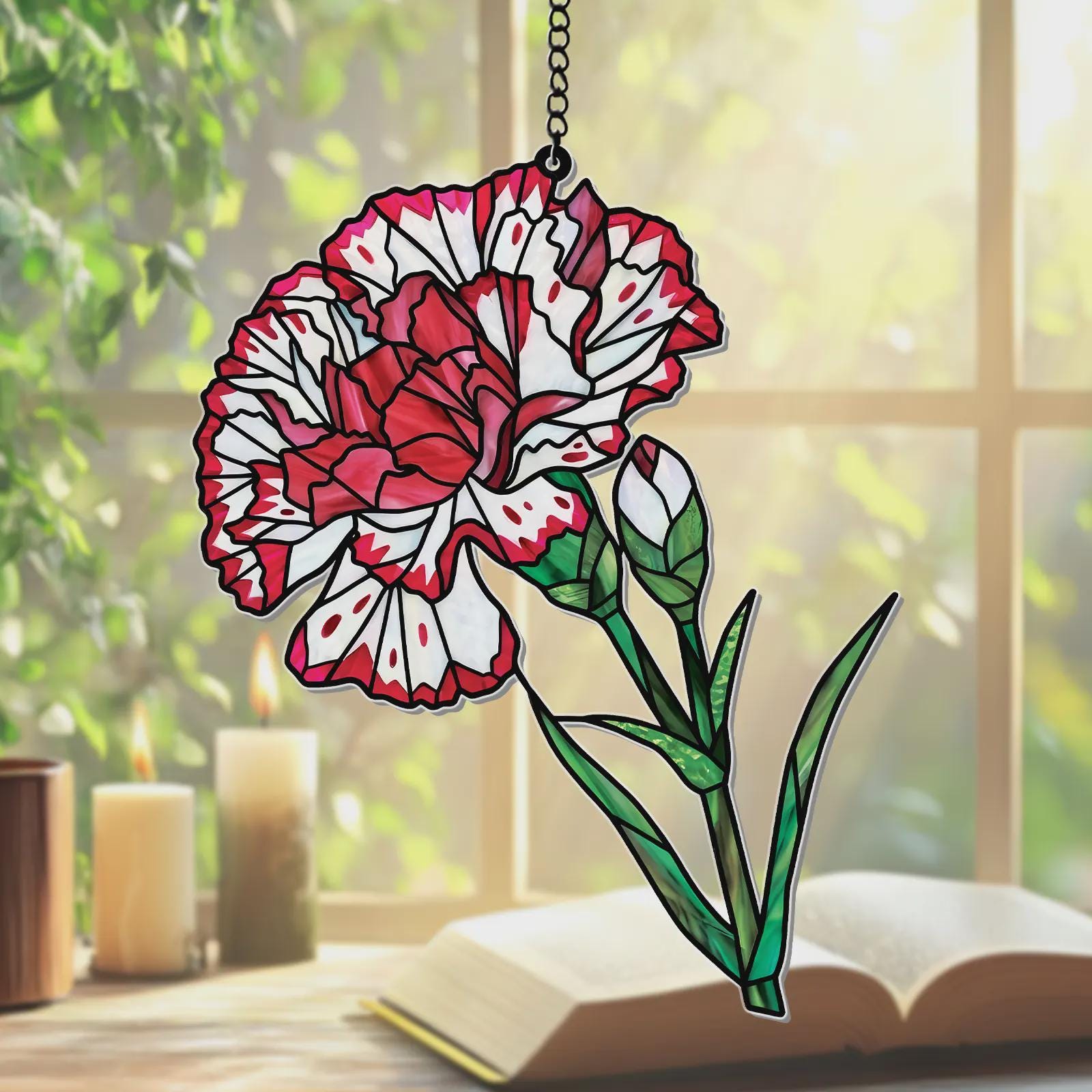 Pink Carnation Acrylic Suncatcher Faux Stained Glass Window Hanging Floral Garden Decor Mother's Day Gift Flower Sun Catcher For Window