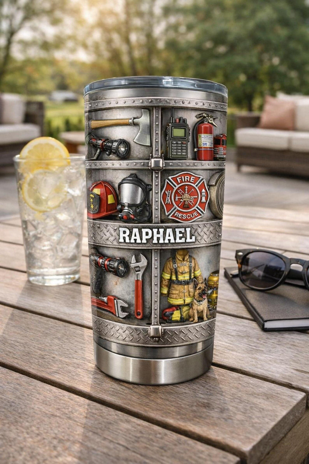 Personalized Firefighter Tumbler with Name Raphael, Custom Fire Rescue Stainless Steel Cup, Fireman Gear Design Mug, Firefighter Gift Idea