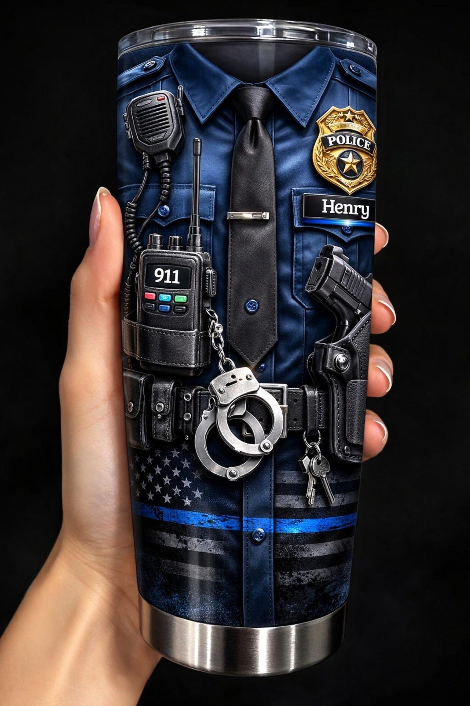 Personalized Police Officer Tumbler with Name Henry, Custom Cop Uniform Cup, Thin Blue Line Mug, Law Enforcement Gift