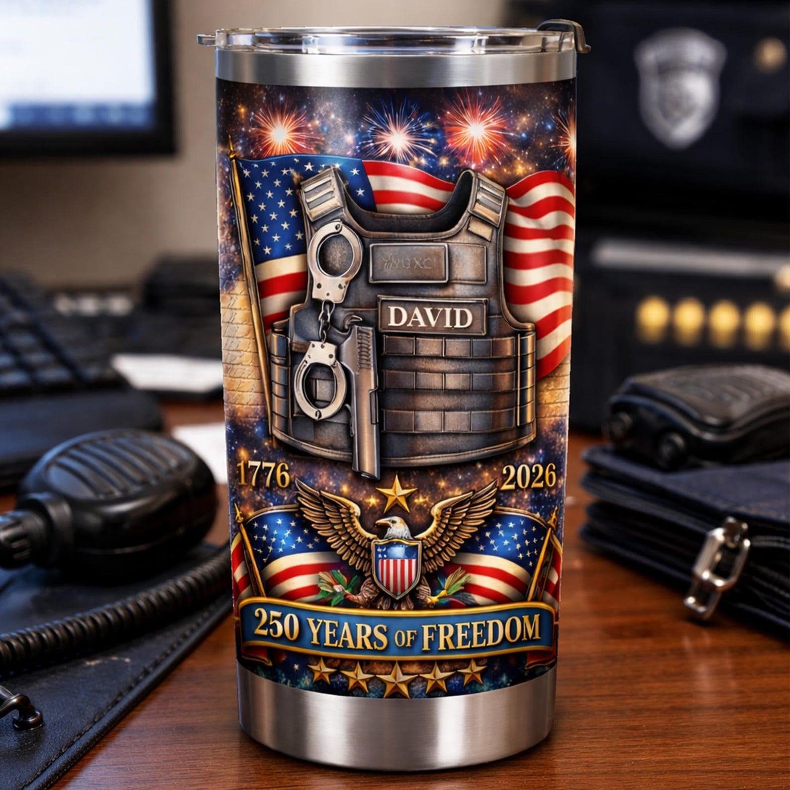 Personalized Police USA 250 Years of Freedom Tumbler, Custom Name Cop Gift, Patriotic Law Enforcement Cup 1776-2026, Police Appreciation Mug