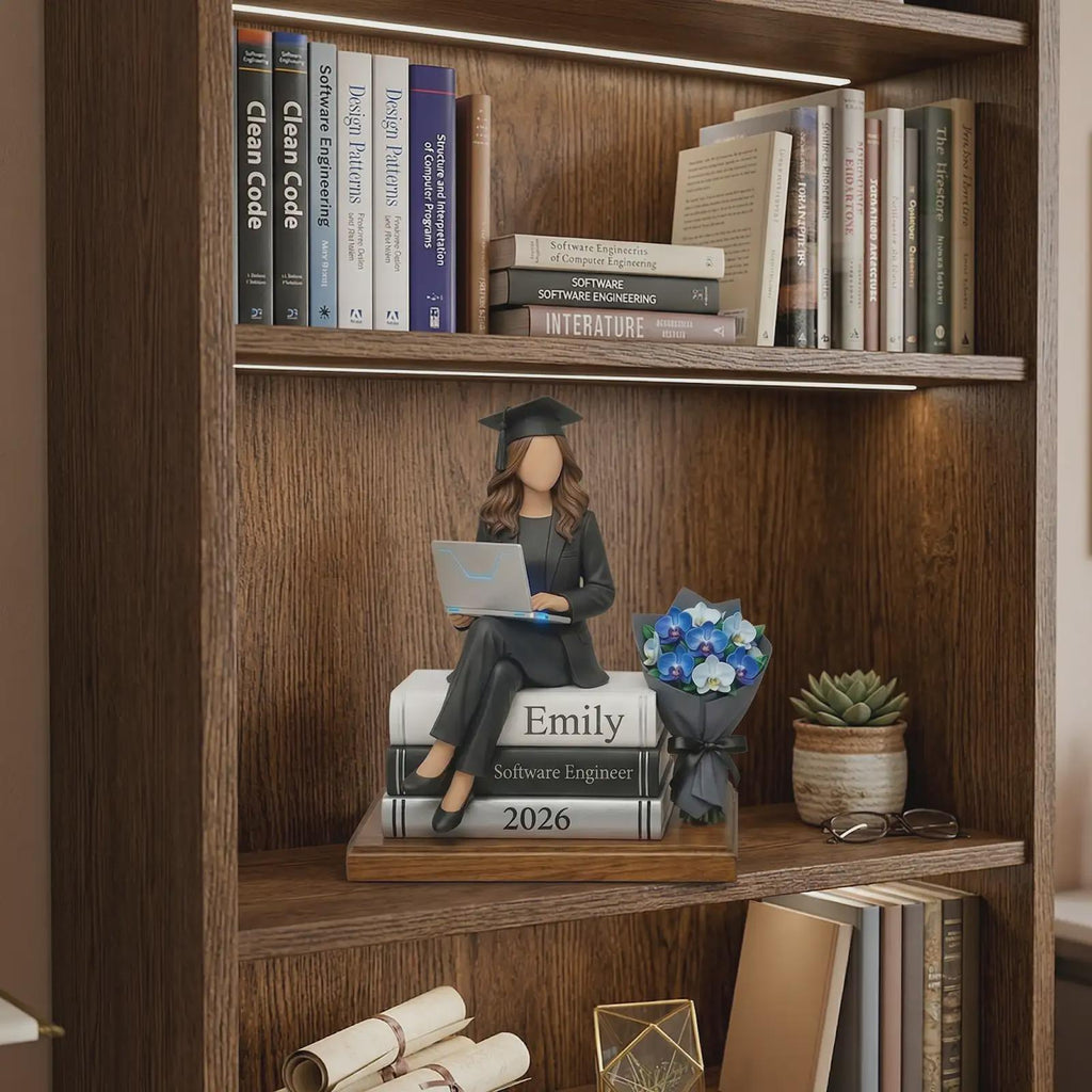 Custom Graduation Figurine Female, Personalized Software Engineer Gift For Class of 2026, Unique Graduate Desk Decor With Laptop And Books