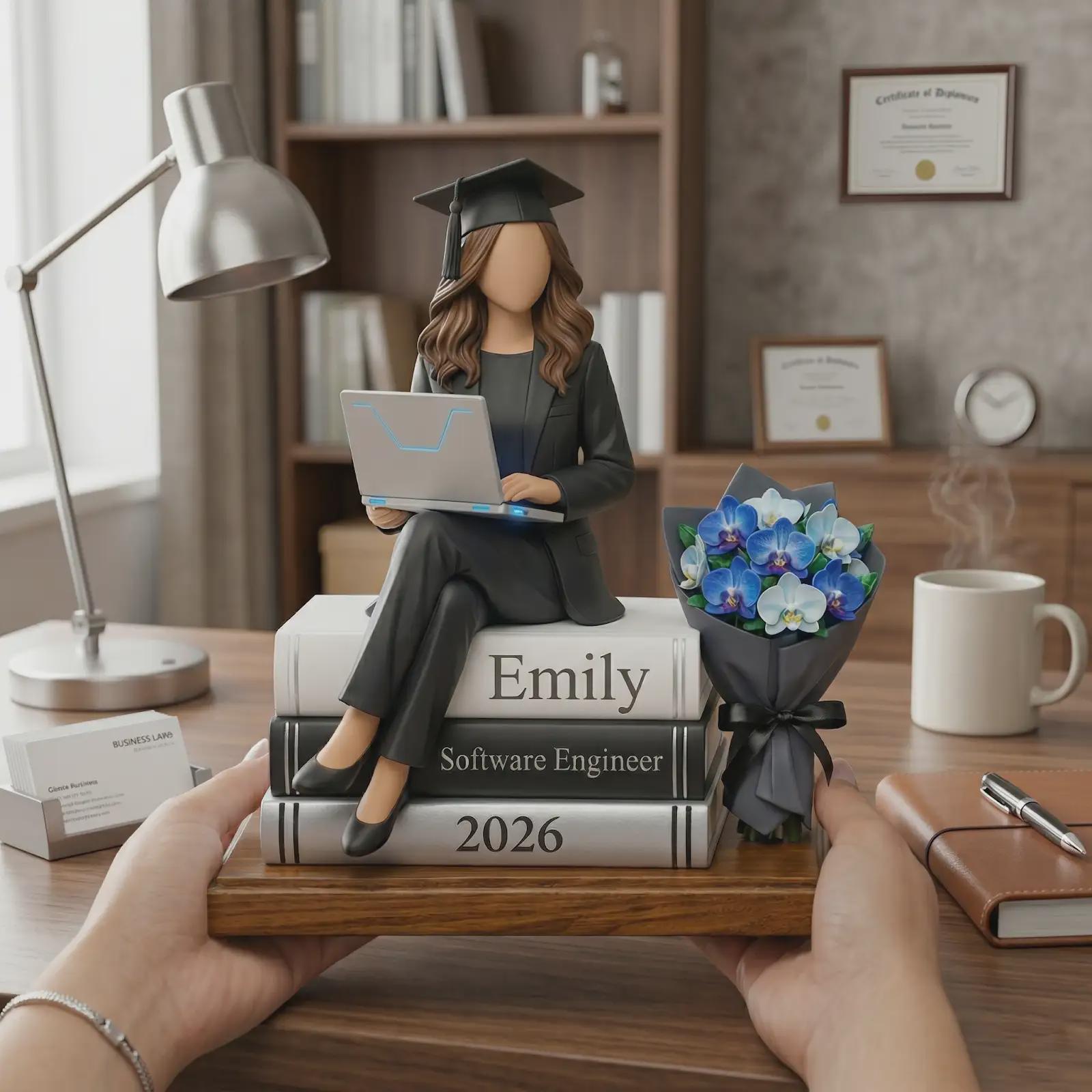Custom Graduation Figurine Female, Personalized Software Engineer Gift For Class of 2026, Unique Graduate Desk Decor With Laptop And Books