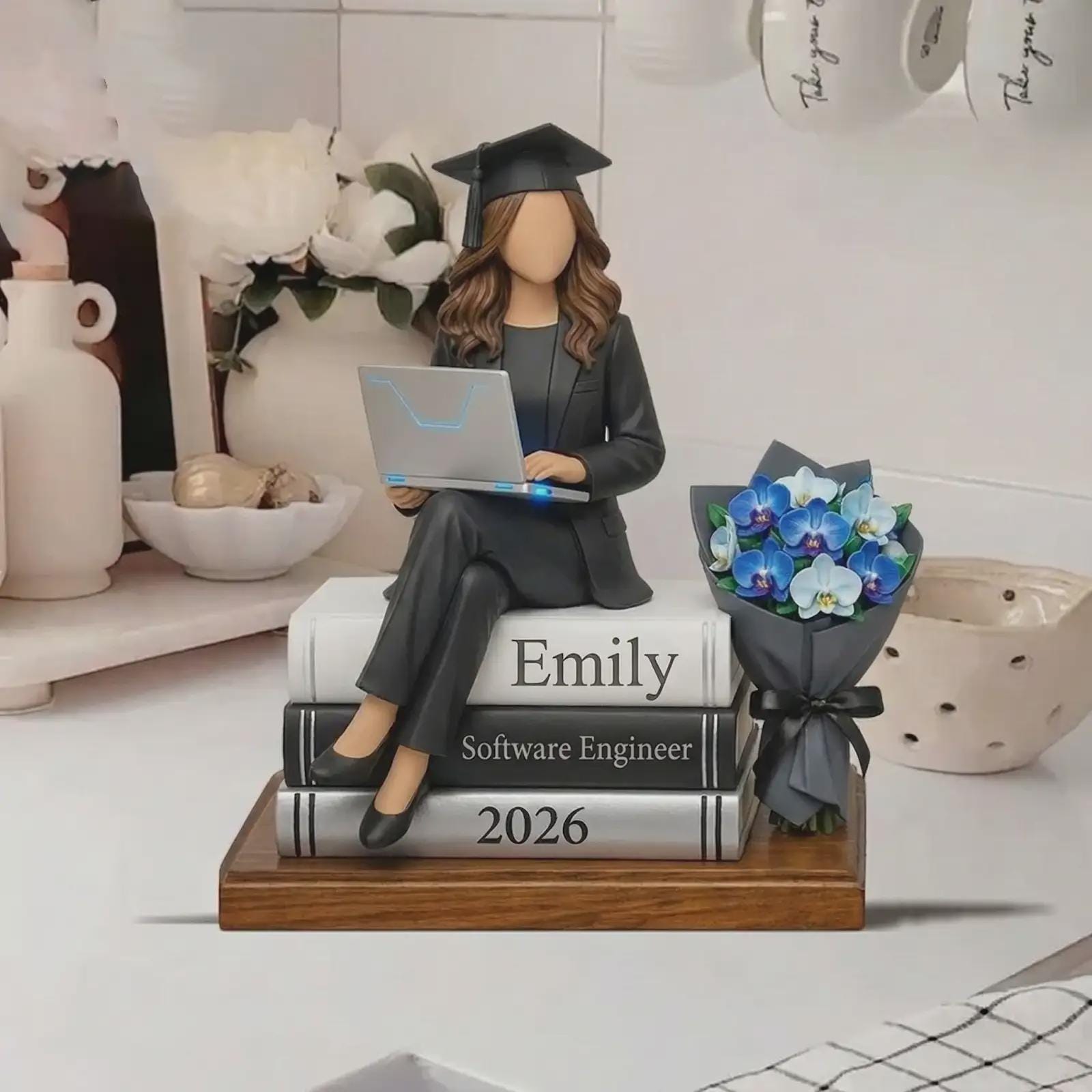 Custom Graduation Figurine Female, Personalized Software Engineer Gift For Class of 2026, Unique Graduate Desk Decor With Laptop And Books