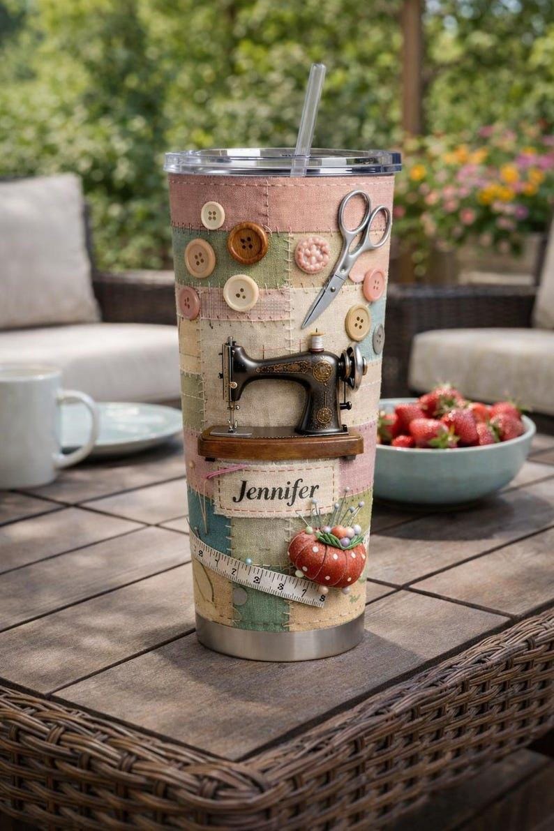 Personalized Sewing Tumbler 20oz, Custom Seamstress Gift with Name, Vintage Sewing Machine Cup for Quilter
