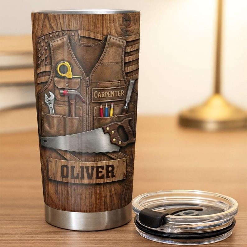 Personalized Carpenter Tumbler with Name, Custom Woodworker Gift for Men, Tool Vest Coffee Cup, Handyman Gift for Dad