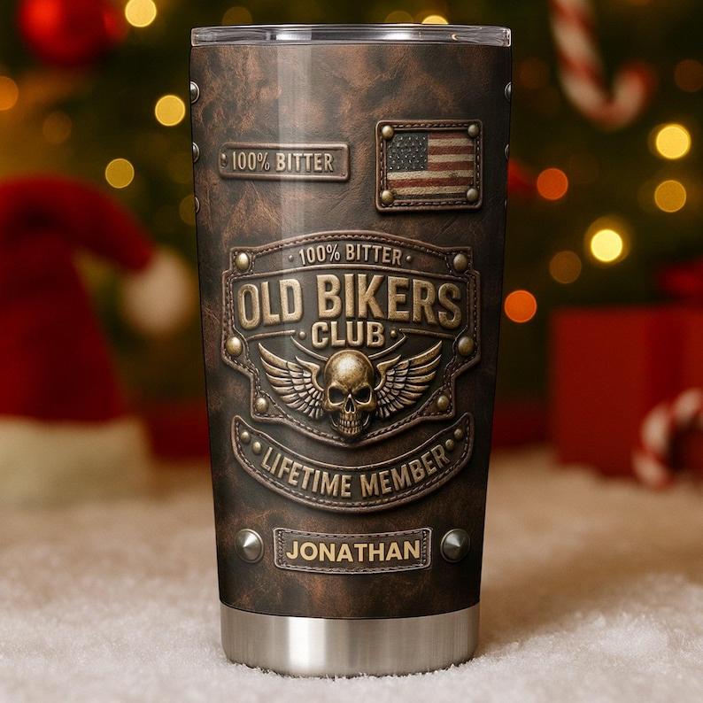 Personalized Old Bikers Club Tumbler 2D Flat, Custom Name Skull Motorcycle Design, Vintage Biker Gift, Lifetime Member Rider Cup