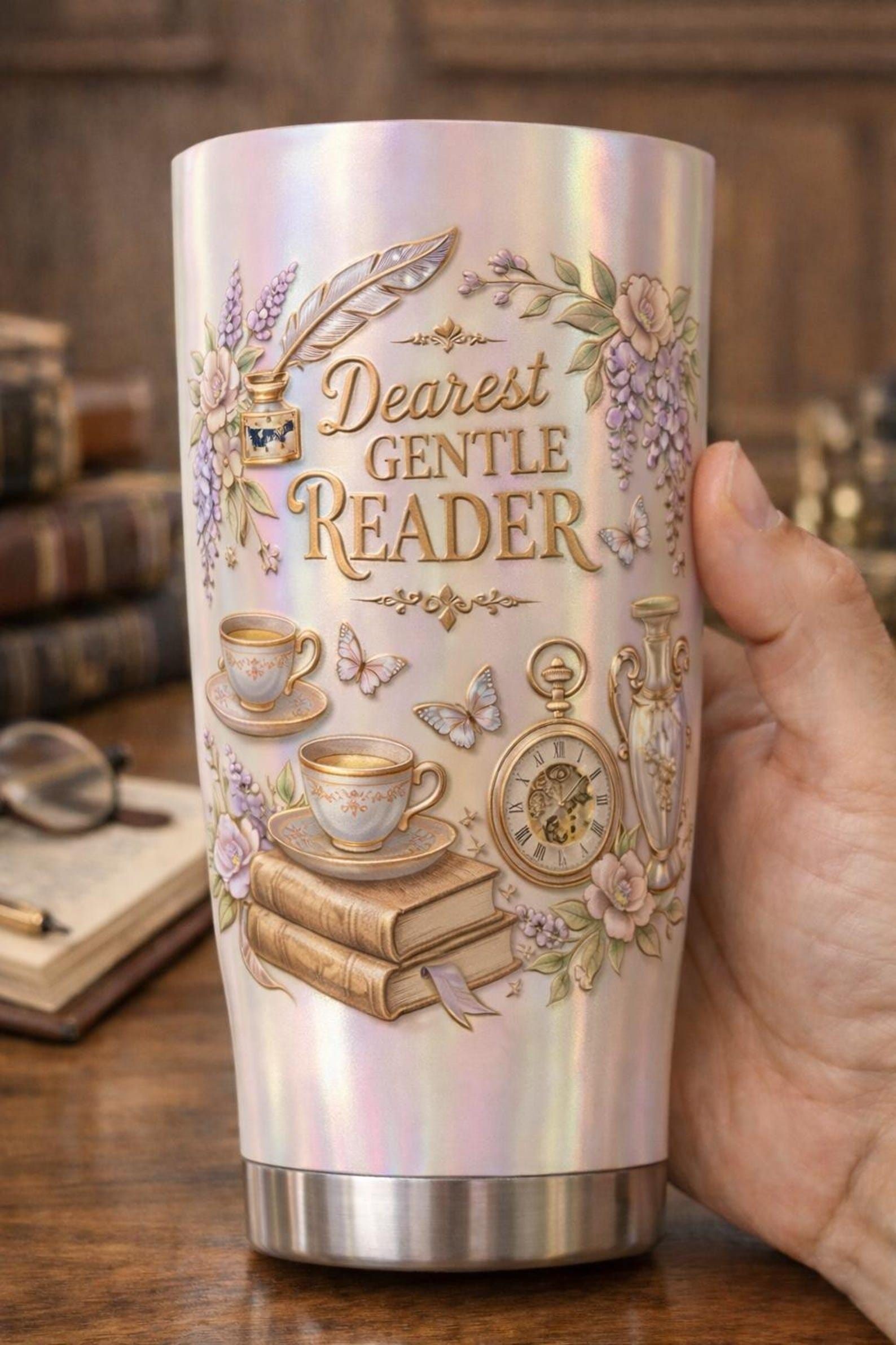 Dearest Gentle Reader Tumbler, Book Lover Gift, Literary Aesthetic Cup, Reader Coffee Mug, Vintage Books Floral Design, Gift for Bookworm