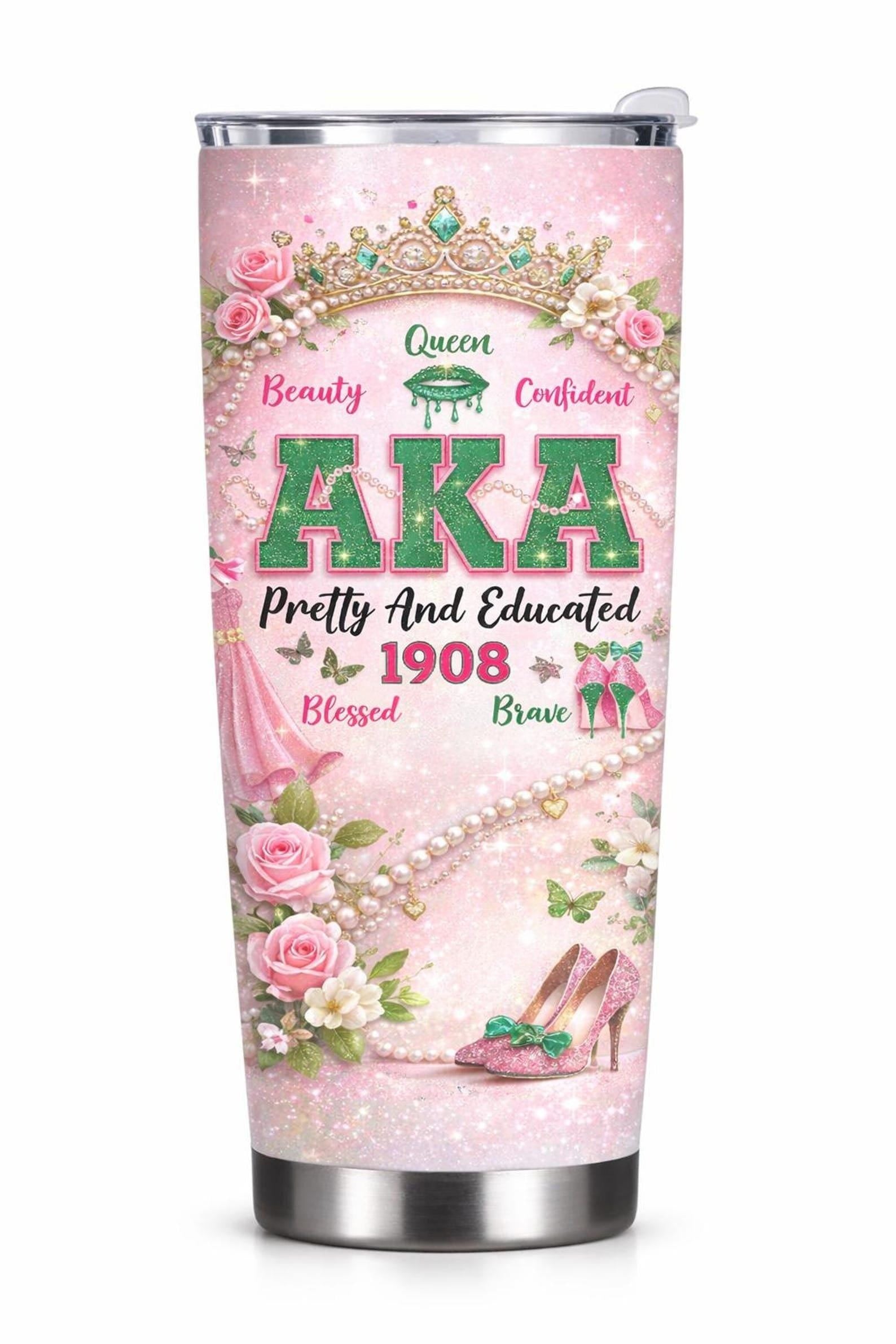 AKA Sorority Tumbler 1908, Alpha Kappa Alpha Gift, Pretty And Educated Cup, Black Girl Magic Mug, Sorority Sister Gift, Pink Green Tumbler