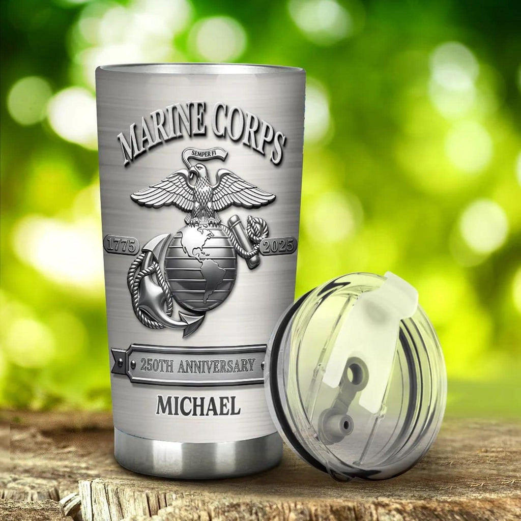 US Marine Corps Tumbler 2d 250th Anniversary 1775-2025, Personalized Military Cup with Name, USMC Gift for Veteran, Marine Corps Mug