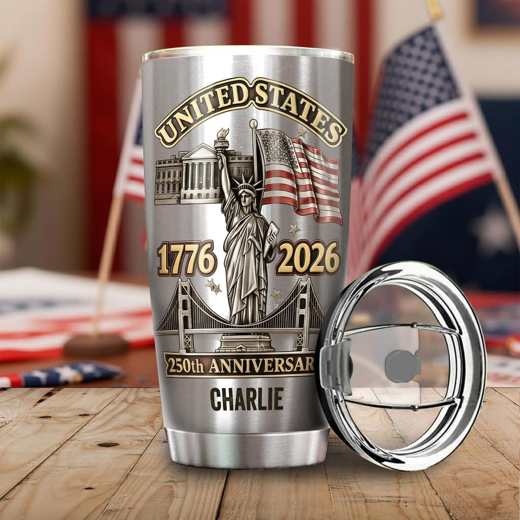 Personalized USA 250th Anniversary Tumbler 1776-2026, United States Patriotic Cup with Name Charlie, Statue of Liberty Independence Day Gift