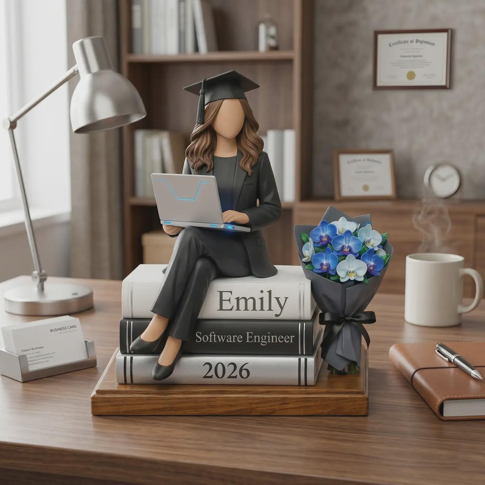 Custom Graduation Figurine Female, Personalized Software Engineer Gift For Class of 2026, Unique Graduate Desk Decor With Laptop And Books