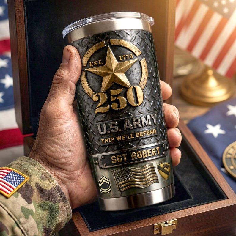 US Army 250th Anniversary Tumbler, Personalized Veteran Gift, Custom Army EST 1775 Travel Mug, Military Gift for Soldier Dad