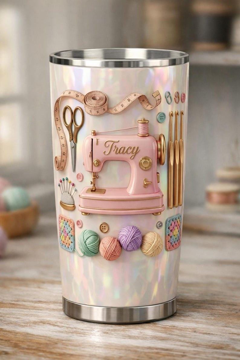 Sewing Lover Tumbler 2D Flat, Personalized Seamstress Gift with Name, Custom Sewing Machine Cup, Crochet Knitting Crafter Mug