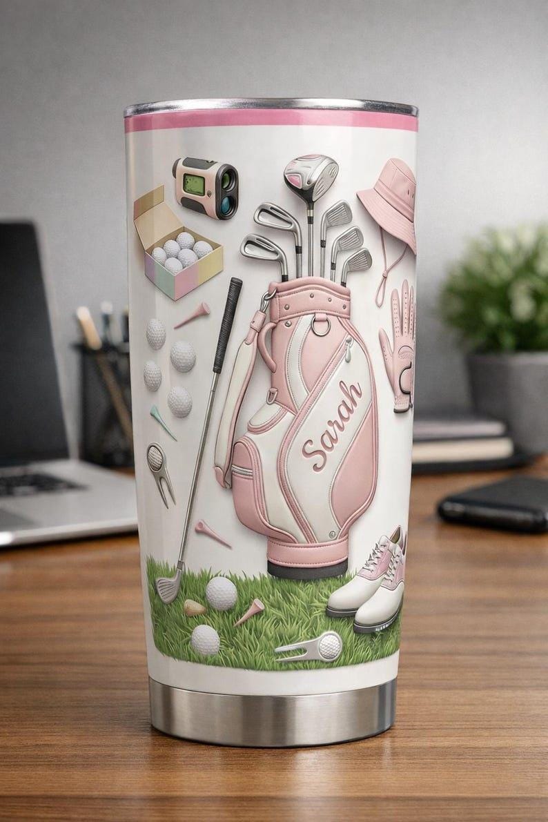 Personalized Golf Lover Tumbler 2D Flat, Custom Name Golfer Gift, Women Golf Tumbler, Golf Bag Lover Cup, Gift for Golfer, Golf Player Mug