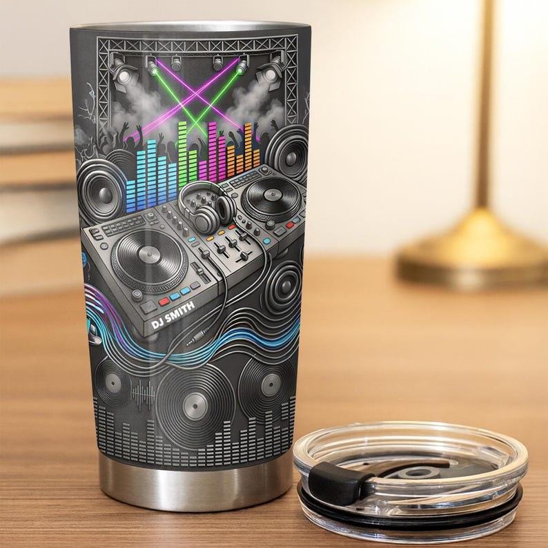 Custom DJ Tumbler 2D Flat, Personalized DJ Name Cup, Music Lover Gift, DJ Controller Party Mug, Club Mixer Travel Tumbler
