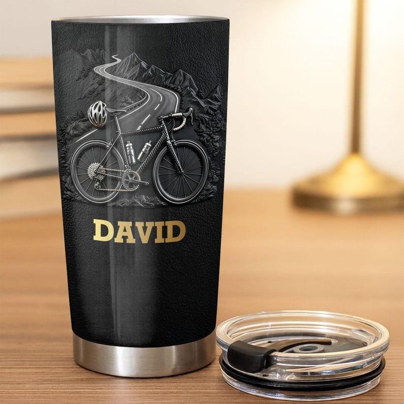 Custom Cycling Tumbler 2D Flat, Personalized Bike Rider Name Cup, Mountain & Road Bicycle Gift for Cyclist, Black Stainless Travel Mug