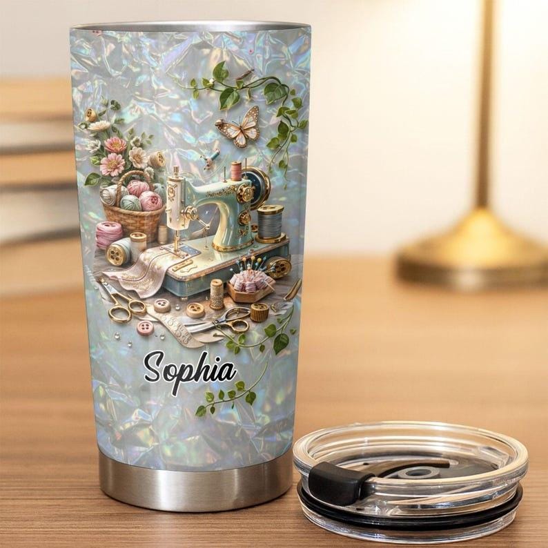 Personalized Sewing Tumbler 2d flat, Custom Name Seamstress Gift, Sewing Machine Cup, Quilter Gift, Tailor Gift, Craft Lover Tumbler