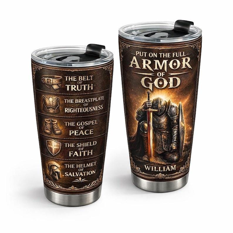 Armor of God Tumbler, Christian Gift for Men, Personalized Name Cup, Bible Verse Mug, Knight Warrior Design, Faith Gift