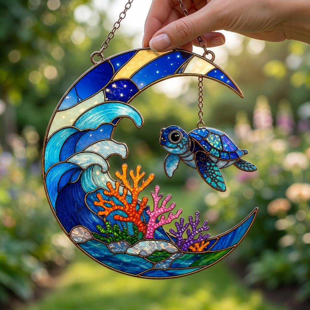 Turtle Lover Gift, Turtle Ocean Animal Acrylic Suncatcher, Nature Lover Acrylic Hanging Decor, Turtle Moon Faux Stained Glass Suncatcher