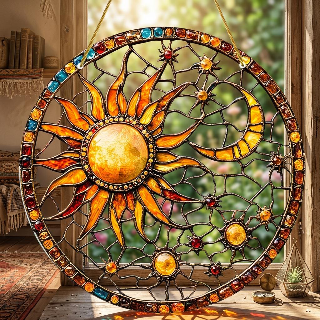 Sun and Moon Acrylic Suncatcher, Mystic Celestial Wall Window Hanging, Astrology Gift, Boho Home Decor