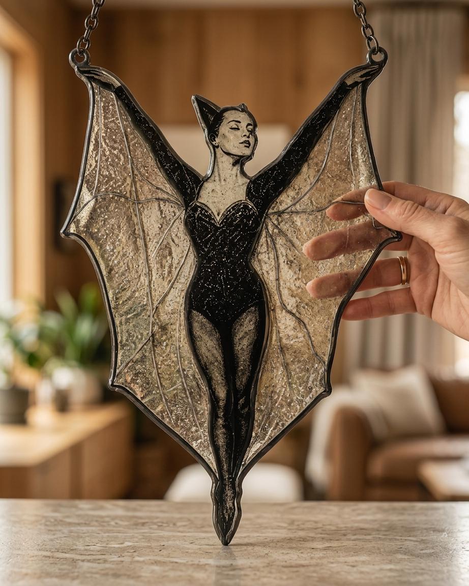 Bat Woman Suncatcher, Gothic Stained Glass Window Hanging, Vampire Lady Decor, Halloween Gift, Dark Feminine Wall Decor