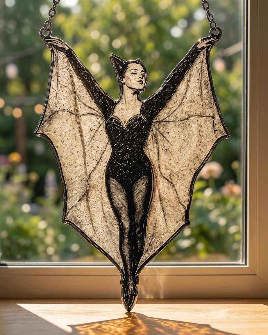 Bat Woman Suncatcher, Gothic Stained Glass Window Hanging, Vampire Lady Decor, Halloween Gift, Dark Feminine Wall Decor