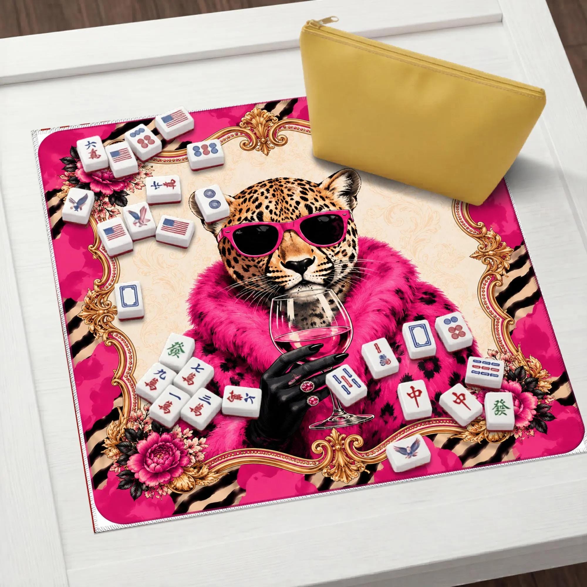 Pink Leopard Mahjong Mat, Glam Cheetah Game Table, Hot Pink Maximalist Accessory