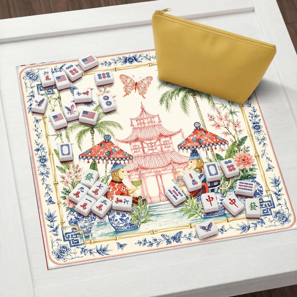 Chinoiserie Monkey Mahjong Mat, Pink Pagoda Garden Game Mat, Blue White Ginger Jar